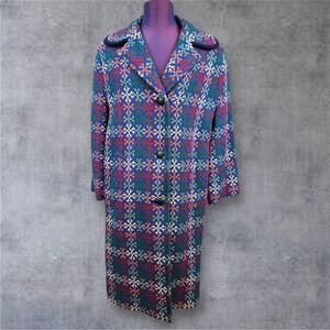 Vintage Real Welsh Tapestry Wool Coat Eclipse Tailored Snowflake Pattern Medium